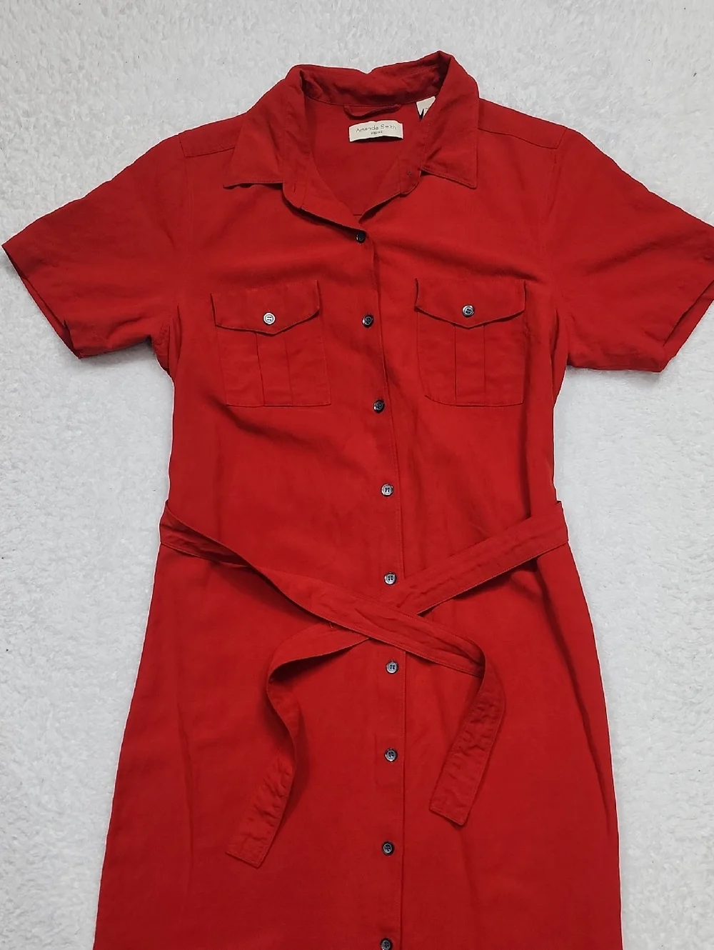 Vintage Amanda Smith Red Midi Button Front Dress Linen & Silk Tie Waist - Picture 2 of 8